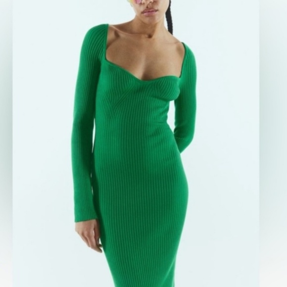 NEW HM Ribbed Knit Square Neck Green Midi Dress Medium - Picture 1 of 5
